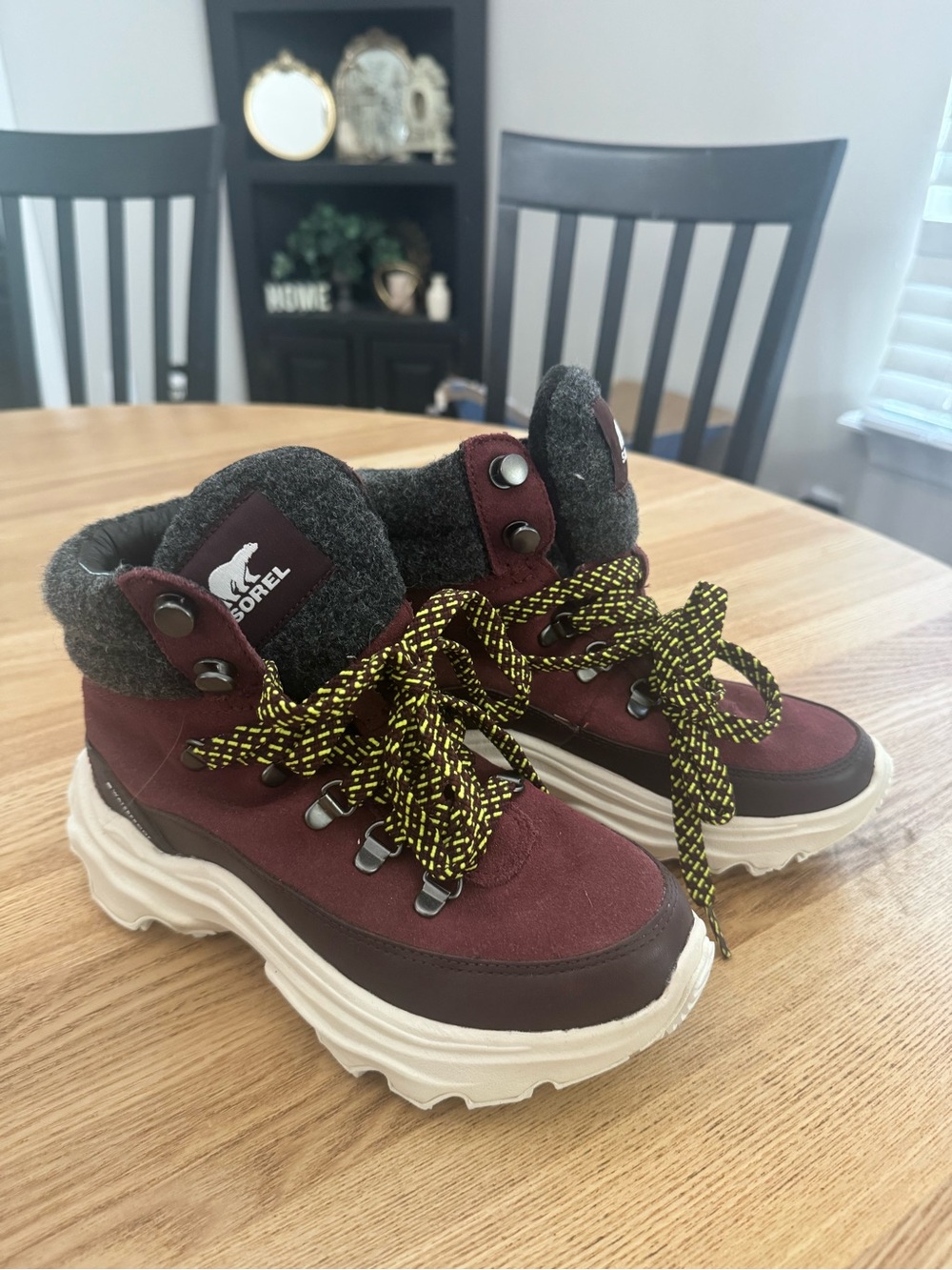Sorel Burgundy and Gray Girls' Winter Boots with Yellow-Accent Laces